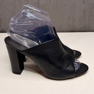 Vince Leather Peep Toe Block Heel Mules Women 7.5 Blk Asymmetric Slip On Sandals